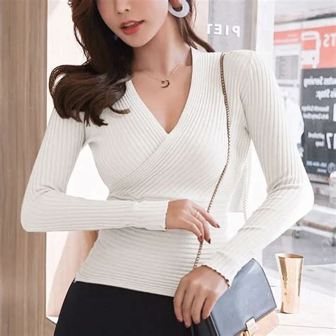 2021 New Sexy Deep V Neck Sweater Womens Pullover Casual Slim