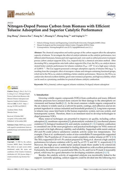 Pdf Nitrogen Doped Porous Carbon From Biomass With Efficient Toluene