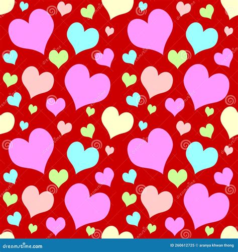 Seamless Pastel Colored Cute Hearts Pattern on Bright Red Background