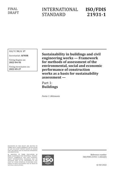 Iso Fdis Sustainability In Buildings And Civil