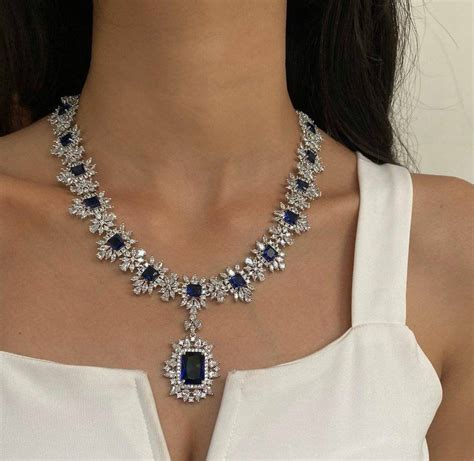 Blue Sapphire Cz Long Necklace Set Lab Sapphire Faux Diamond Etsy