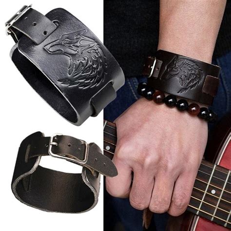 Buy Punk Men Women Wolf Wide Genuine Leather Belt Bracelet Cuff