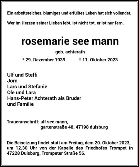 Alle Traueranzeigen F R Rosemarie See Mann Trauer Rp Online De