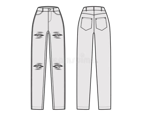 Ripped Jeans Distressed Denim Pants Technical Fashion Illustration With