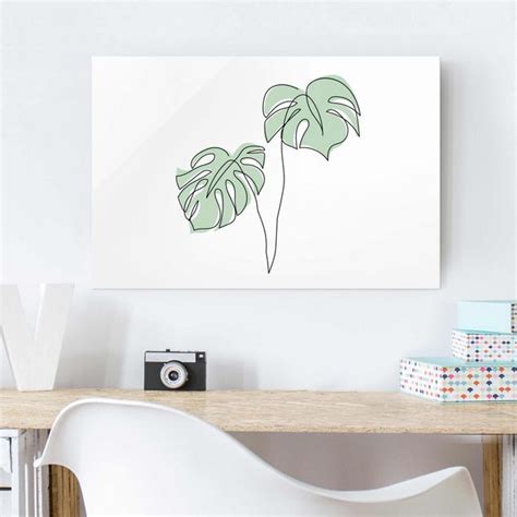 Bl Tter Monstera Line Art Glasbild Im Querformat Bilderwelten