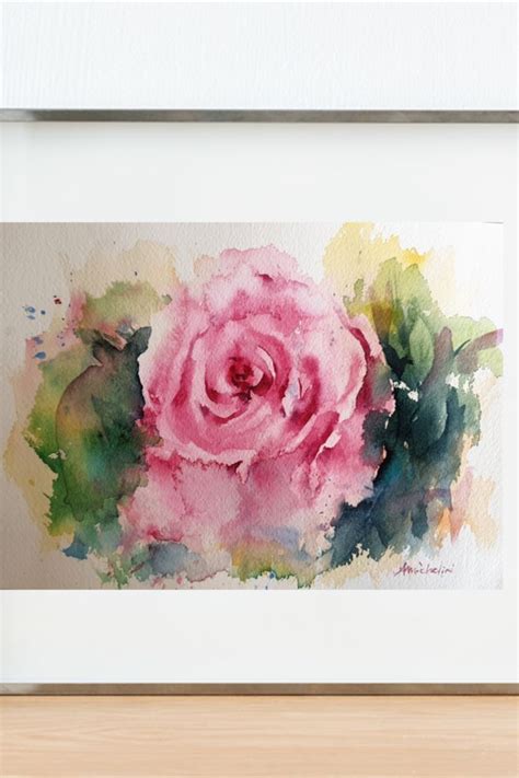 Pink Rose Original Watercolor Pink Rose Flower Wall Art Rose Wall