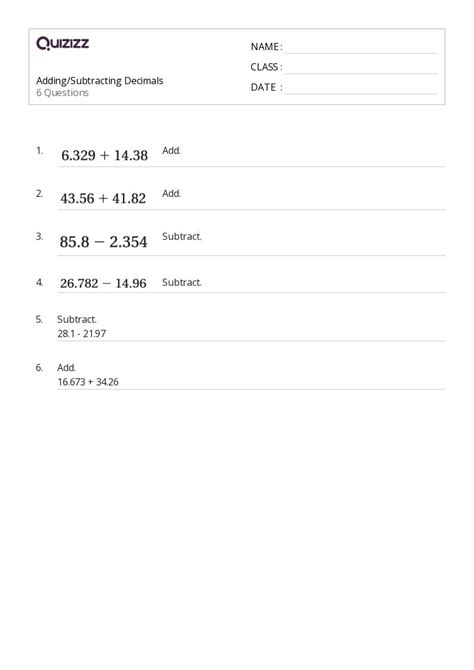 50 Subtracting Decimals Worksheets For 4th Grade On Quizizz Free And Printable