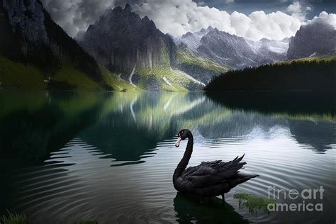 Painting of a beautiful black swan at sunset in a lake between m ...