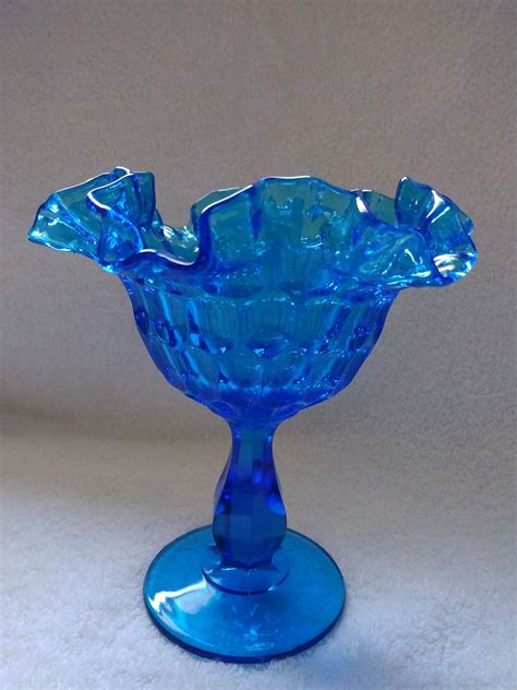 Vintage Fenton Ruffle Colonial Blue Thumbprint Compote Dish Etsy