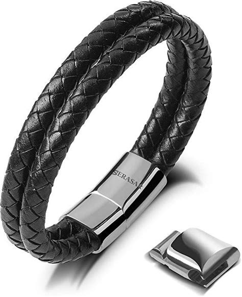 Serasar Premium Genuine Leather Bracelet For Men In Black Magnetic