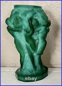 Vintage Malachite Jade Glass Art Deco Vase Bohemian Chech Six Nudes In