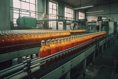 Premium AI Image Bottles Of Orange Juice On A Conveyor Belt In A