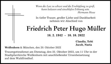 Traueranzeigen von Friedrich Peter Hugo Müller Augsburger Allgemeine