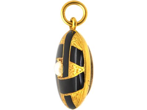 Victorian 18ct Gold Black Enamel And Pearl Pendant With Locket And Coronet