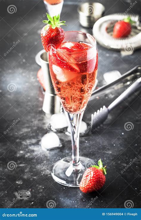 Rossini Italian Alcoholic Cocktail With Sparkling Wine Fresh Strawberry Puree And Ice In