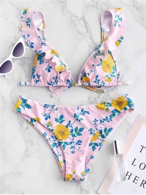 Zaful Ruffle Floral Bikini Set Light Pink Floral Bikini Set Floral