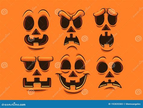 Halloween Pumpkin Faces With Different Expressions And Emotions Stock