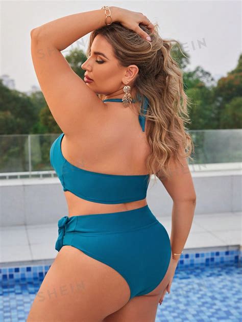 SHEIN Swim Vcay Plus Size Women S Cross Halter Strap Swimsuit With Set