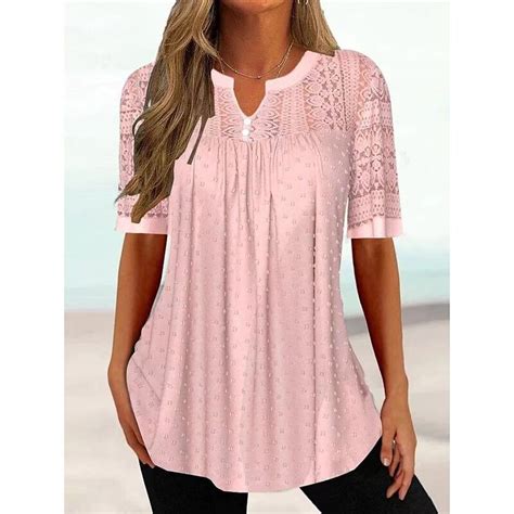 Womens Shirt Blouse Pink Plain Lace Short Sleeve Casual Basic V Neck Regular S 2023 Us 2799