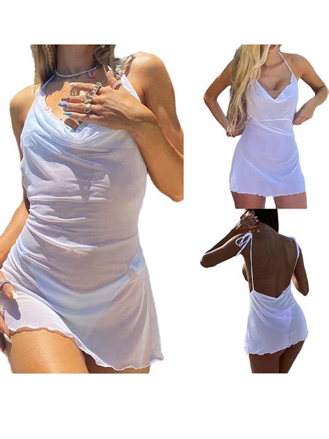 JINSIJU Women Halter Cover Up Dress Sexy See Through Sleeveless