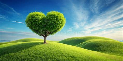 A Heart Shaped Tree Among Green Hills Ai Generated Content Stock