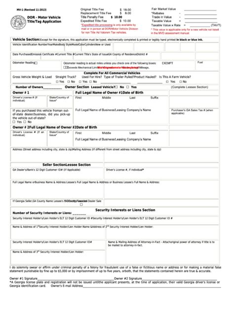 Fillable Form Mv 1 Dor Motor Vehicle Titletag Application Printable Pdf Download