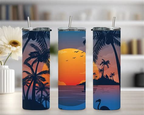 Beach Sunset 20 Oz Skinny Tumbler Sublimation Design Straight And Tapered Tumbler Wrap Beach