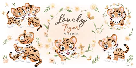 Cute doodle tiger with floral clipart set with watercolor | Etsy