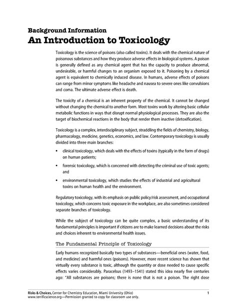 Intro To Toxicology Risks Choices Center For Chemistry Education