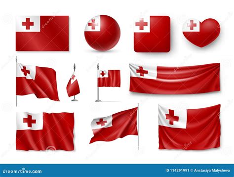 Set Tonga Realistic Flags Banners Banners Symbols Icon Stock Vector Illustration Of Canvas