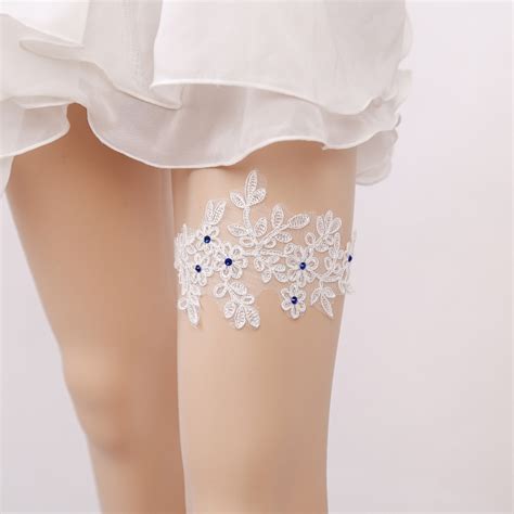 Wedding Garter Blue Rhinestone Embroidery Flower White Best