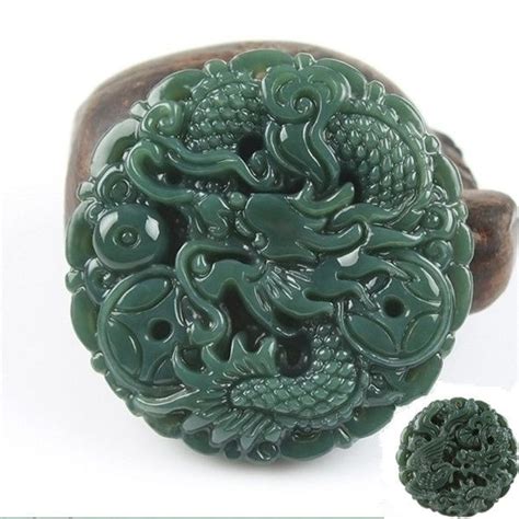 Seiko Carving Natural China Hetian Cyan Jade Dragon Phoenix Pendant