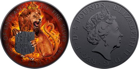 5 Pounds BURNING LION OF ENGLAND Royal Tudor Beasts 2 Oz Silver Coin 5