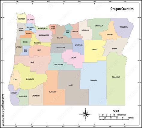 Oregon State Outline Administrative And Political Map In Color Stock