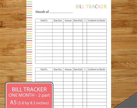 Bill Tracking Form A5 Size Printable Bill Tracker One Month View With Two Sections For Twice A