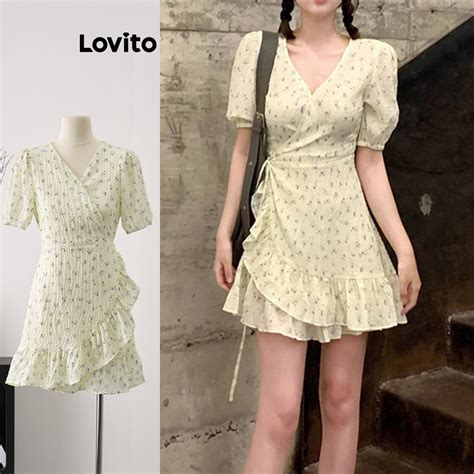 Lovito Women Casual Ditsy Floral Asymmetrical Lace Up Dress Lne