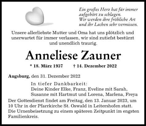 Traueranzeigen Von Anneliese Zauner Augsburger Allgemeine Zeitung