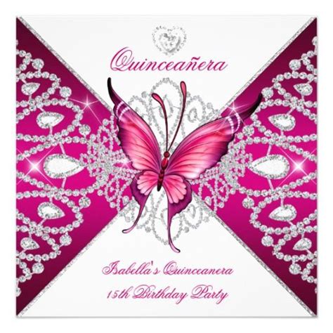 Quinceanera Th Party Dark Pink Butterfly Tiara Invitation Zazzle