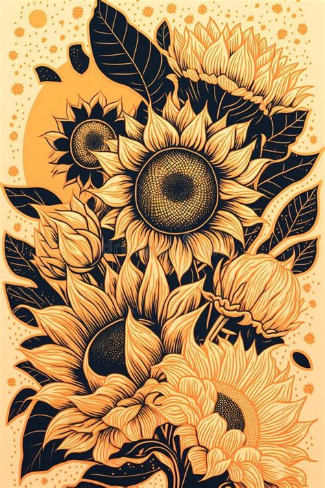 Vintage Sunflowers Vector Illustration Hand Drawn Sunflowers Stock