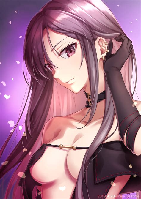 Rule 34 Adjusting Hair Akuta Hinako Bangs Bare Shoulders Black Choker Black Dress Breasts