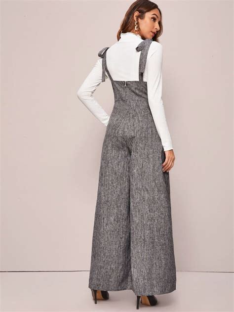 Double Breasted Wide Leg Linen Look Suspender Jumpsuit Suspenders For