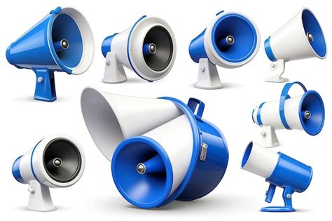 Blue And White Colored Megaphone Speaker View From Different Angles