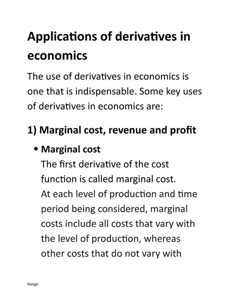 Applications Of Derivatives In Economics Applications Of Derivatives