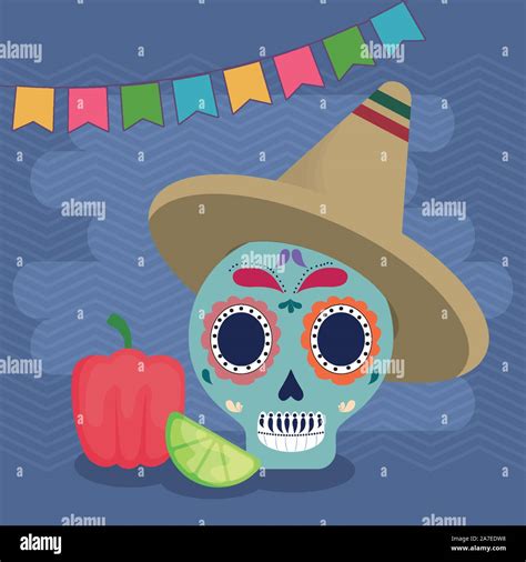 Viva Mexico Celebration With Skull Death And Hat Vector Illustration