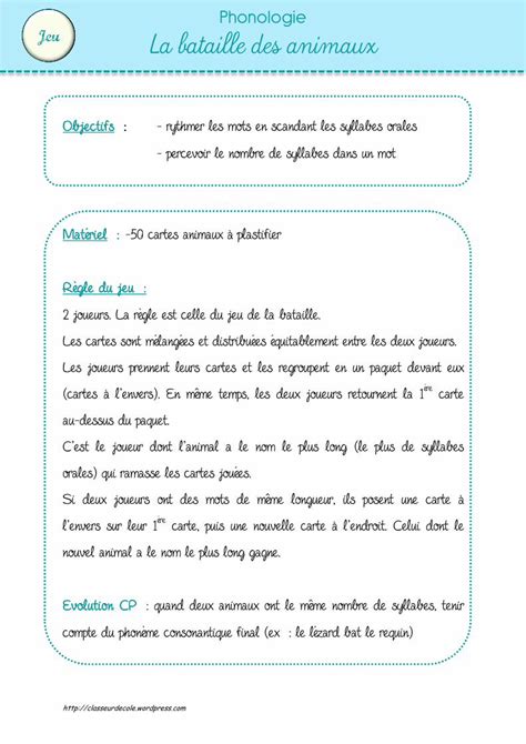 PDF Phonologie Jeu La bataille des animaux 2 joueurs La règle est