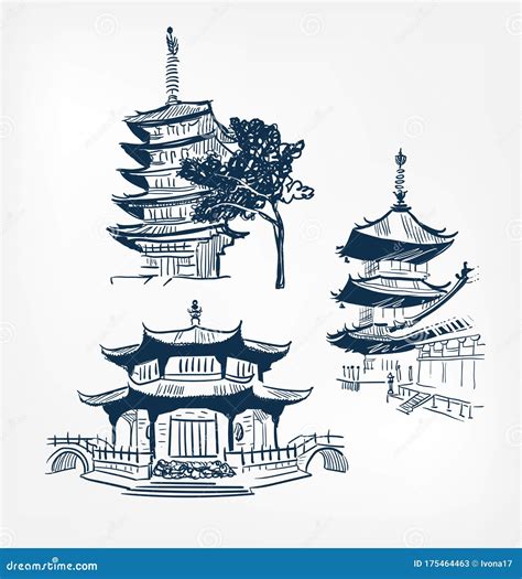 Buddhism Temple Set Vector Sketch Illustration Japanese Chinese