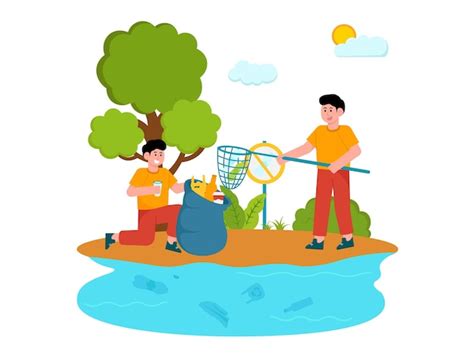 Voluntarios limpian la basura en el río ilustración Vector Premium