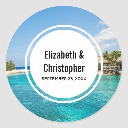 Scenic Tropical Beach With Thatched Huts Wedding Classic Round Sticker