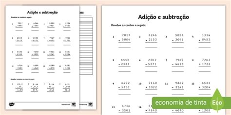 Atividade de Adição e Subtração para o 4º Ano Twinkl