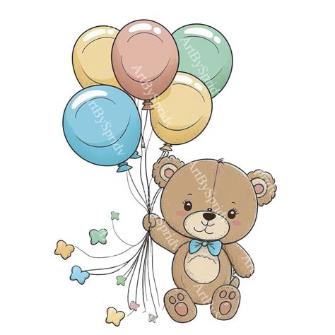 Transparent PNG Cartoon Style Teddy Bear With Balloons Print Etsy